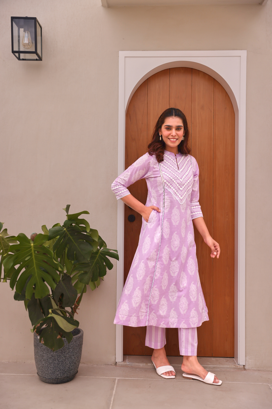 Lavender Paisley Printed Cotton Kurta Pant Set With Lace Detail
