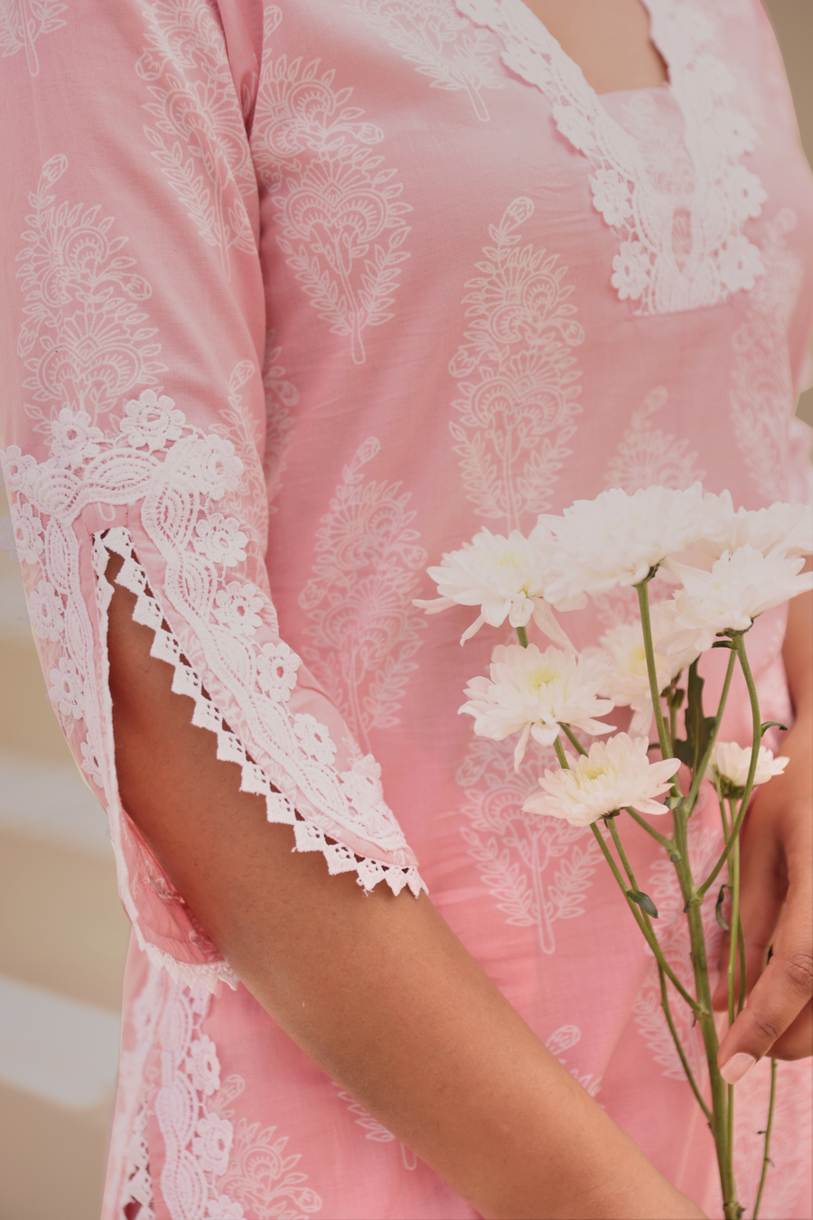 Peach Paisley Printed Cotton Kurta Pant Set With Lace Detail