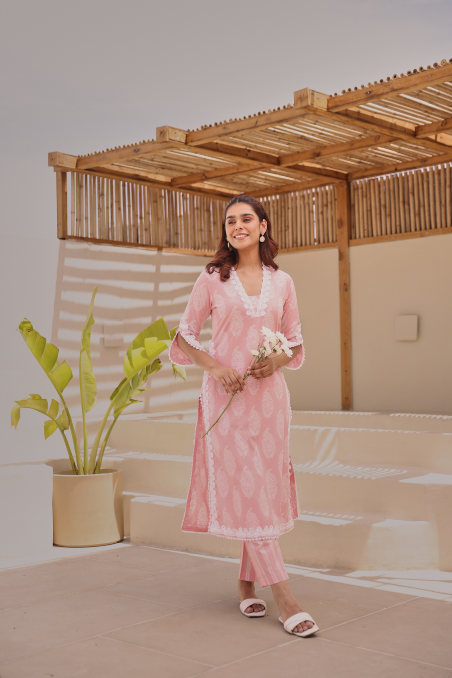 Peach Paisley Printed Cotton Kurta Pant Set With Lace Detail