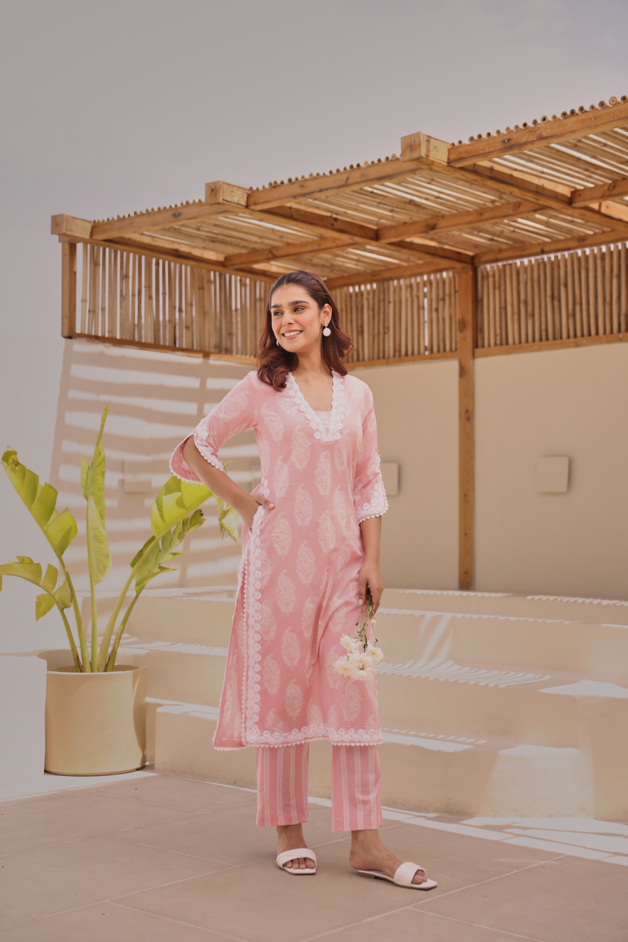 Peach Paisley Printed Cotton Kurta Pant Set With Lace Detail
