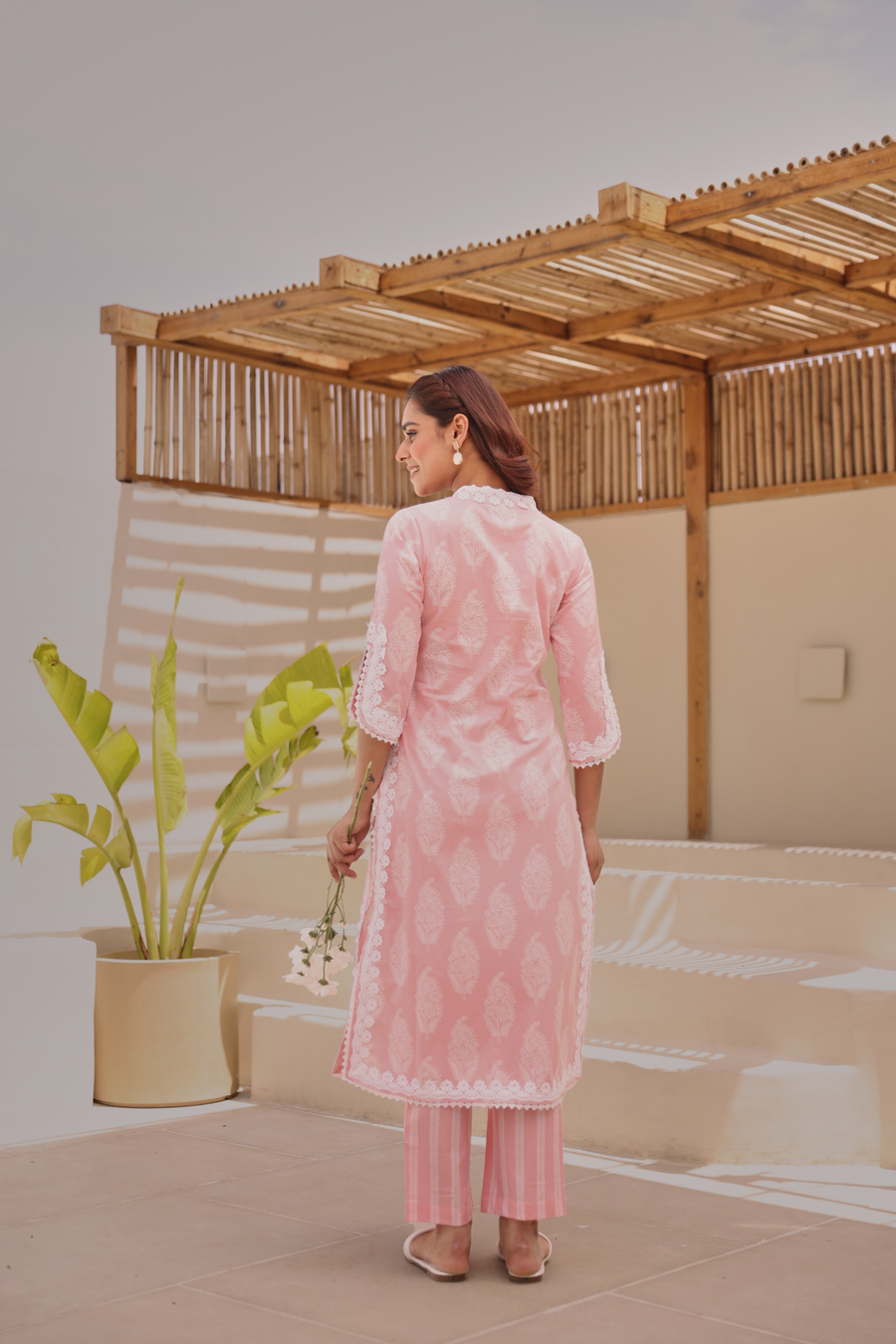 Peach Paisley Printed Cotton Kurta Pant Set With Lace Detail