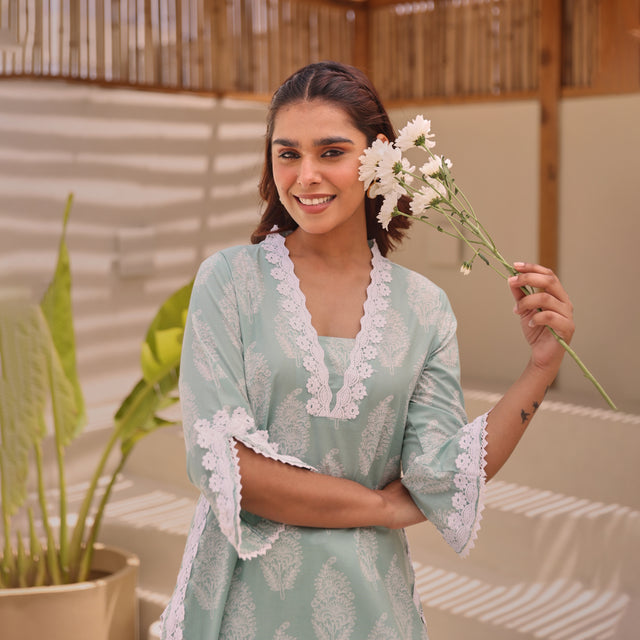 Mint Green Paisley Printed Cotton Kurta Pant Set With Lace Detail