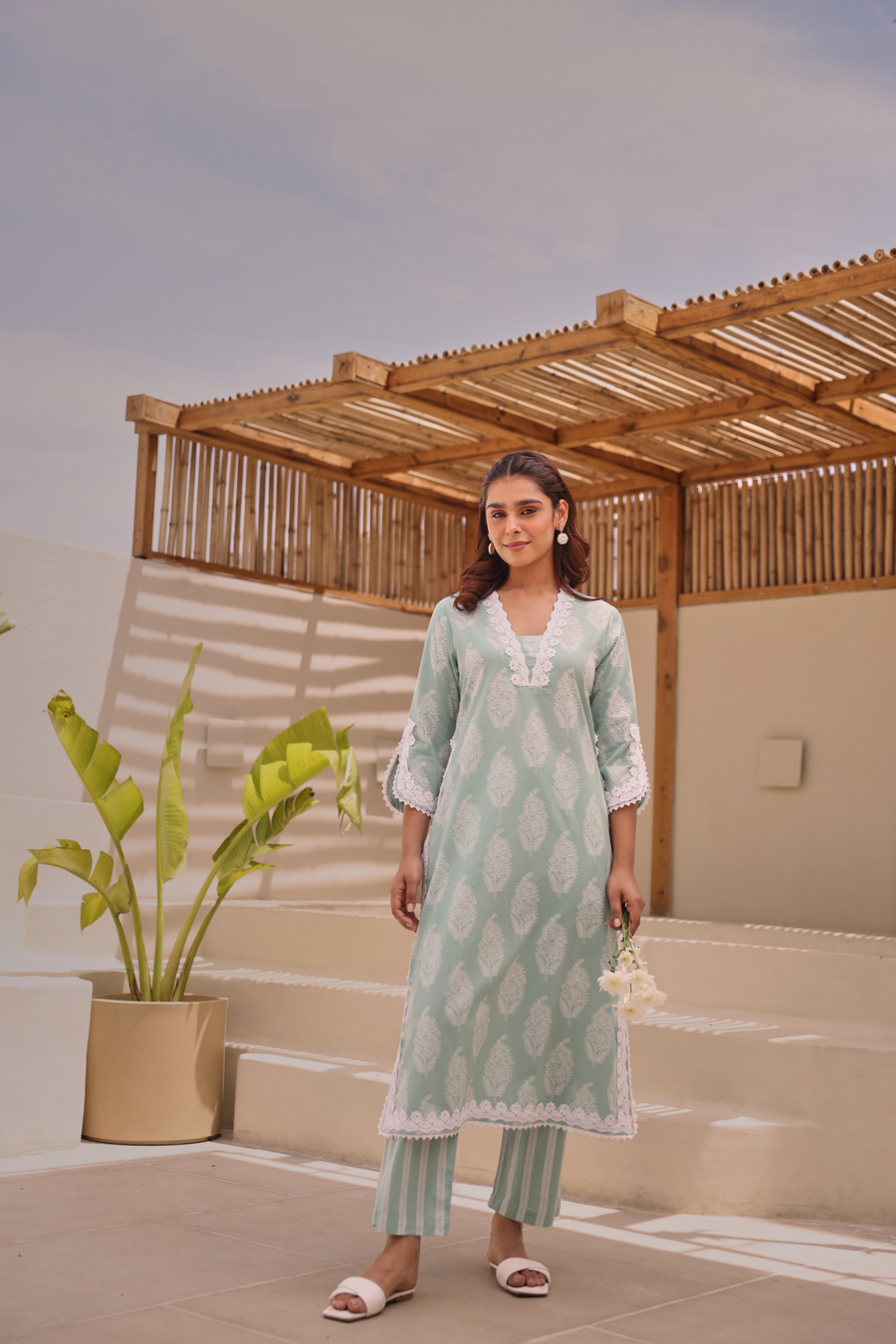 Mint Green Paisley Printed Cotton Kurta Pant Set With Lace Detail