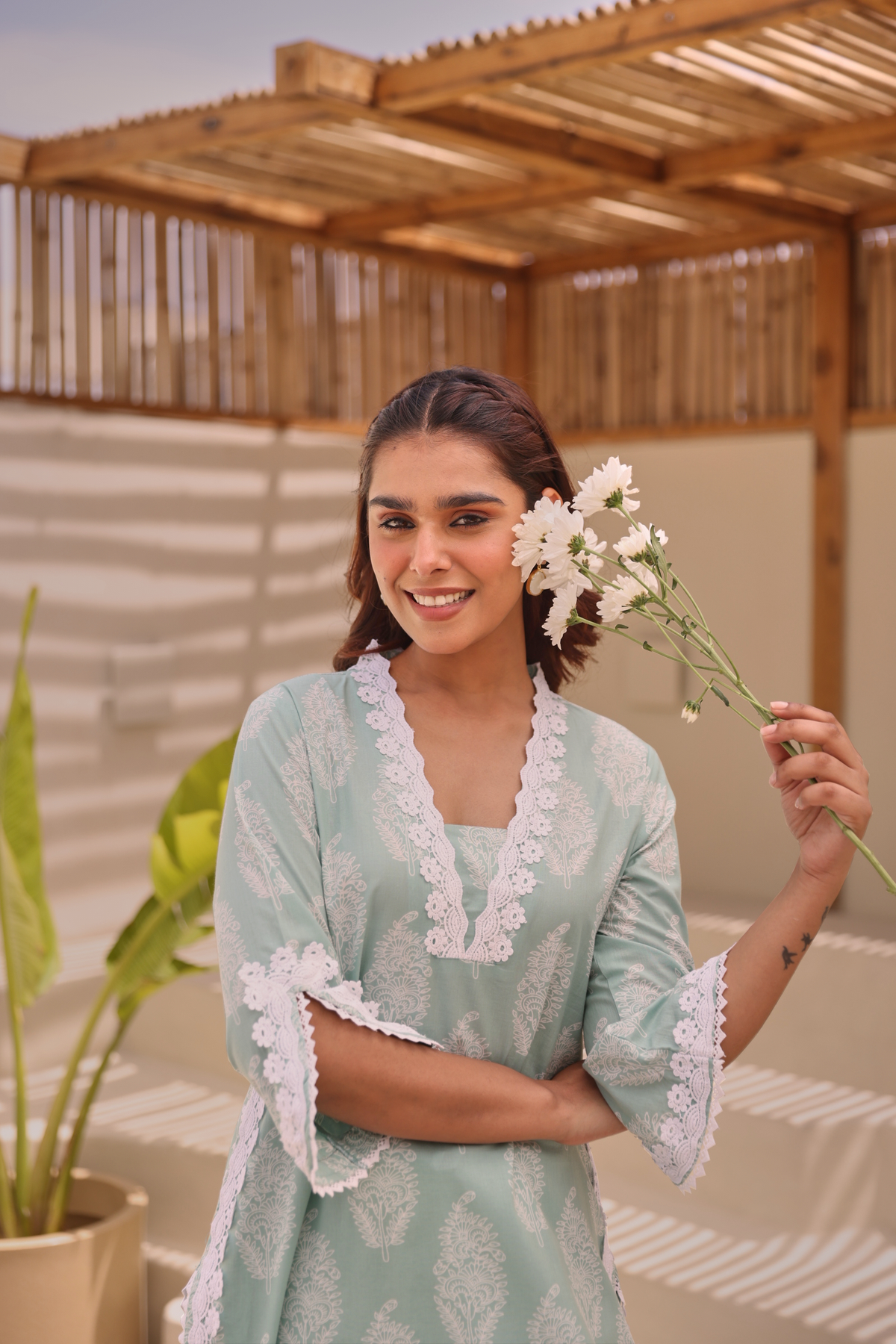 Mint Green Paisley Printed Cotton Kurta Pant Set With Lace Detail