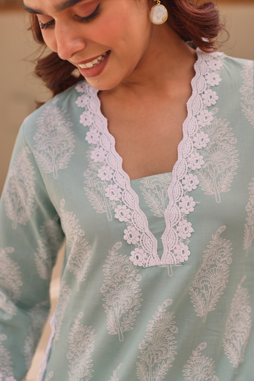 Mint Green Paisley Printed Cotton Kurta Pant Set With Lace Detail