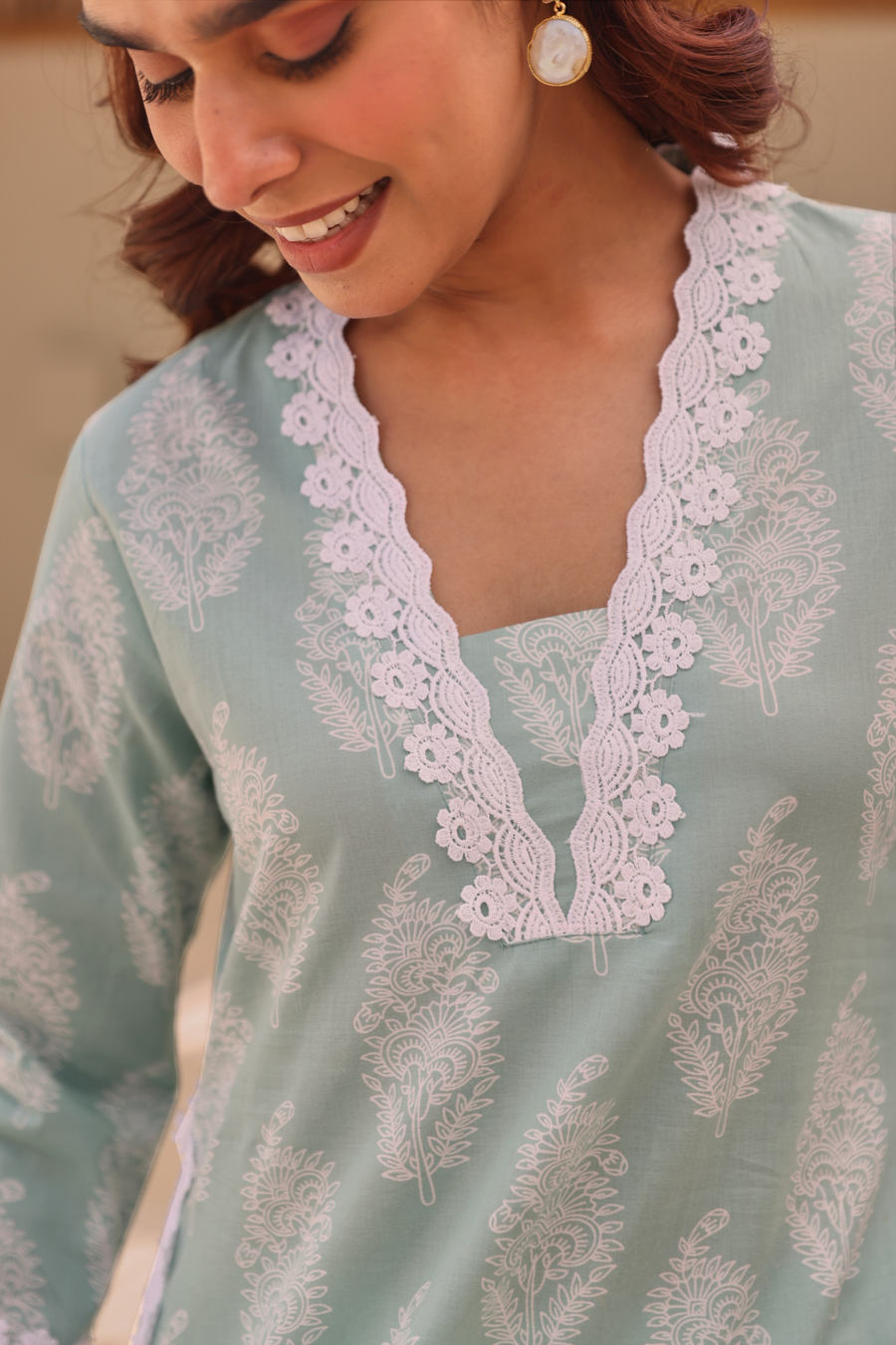Mint Green Paisley Printed Cotton Kurta Pant Set With Lace Detail