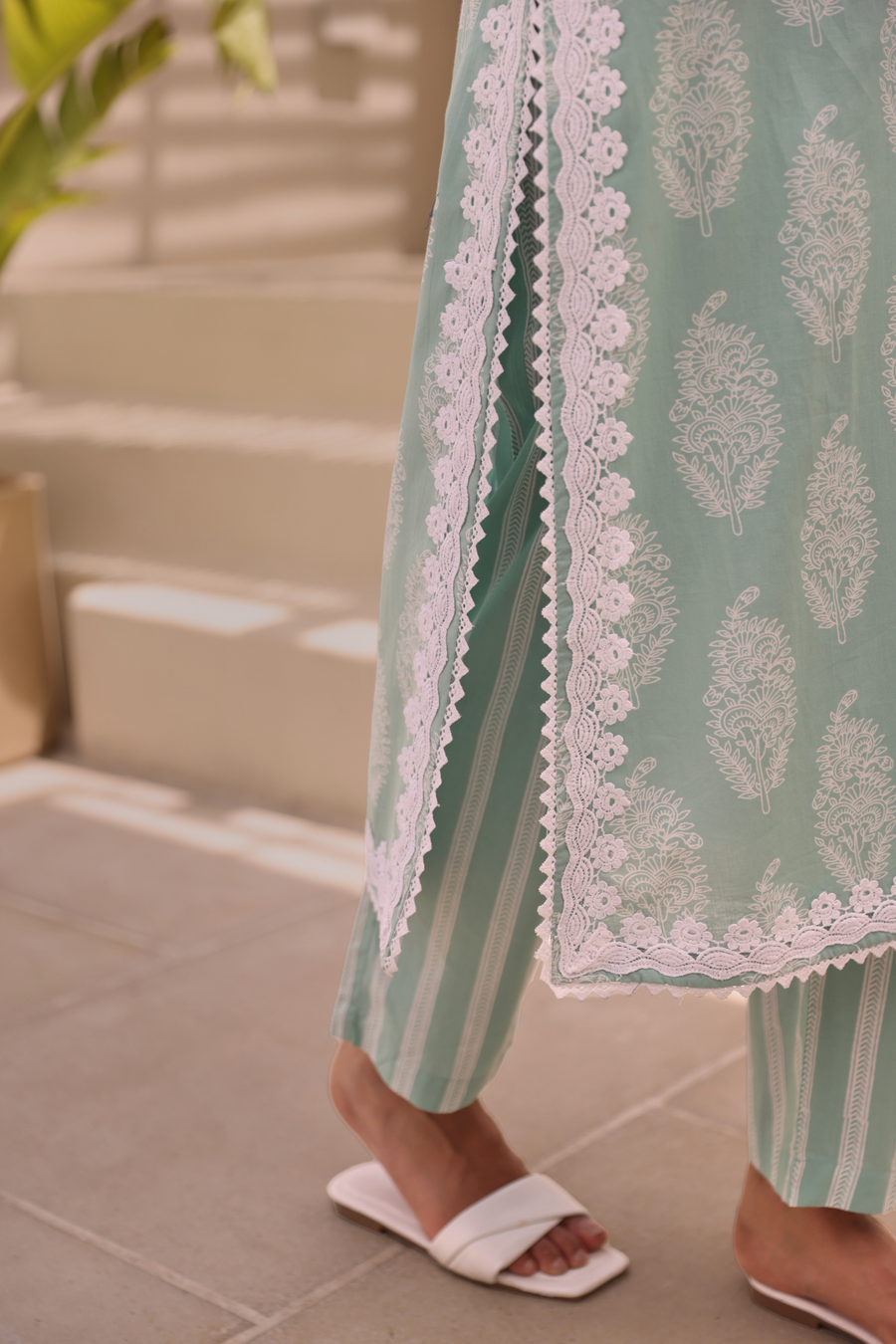 Mint Green Paisley Printed Cotton Kurta Pant Set With Lace Detail