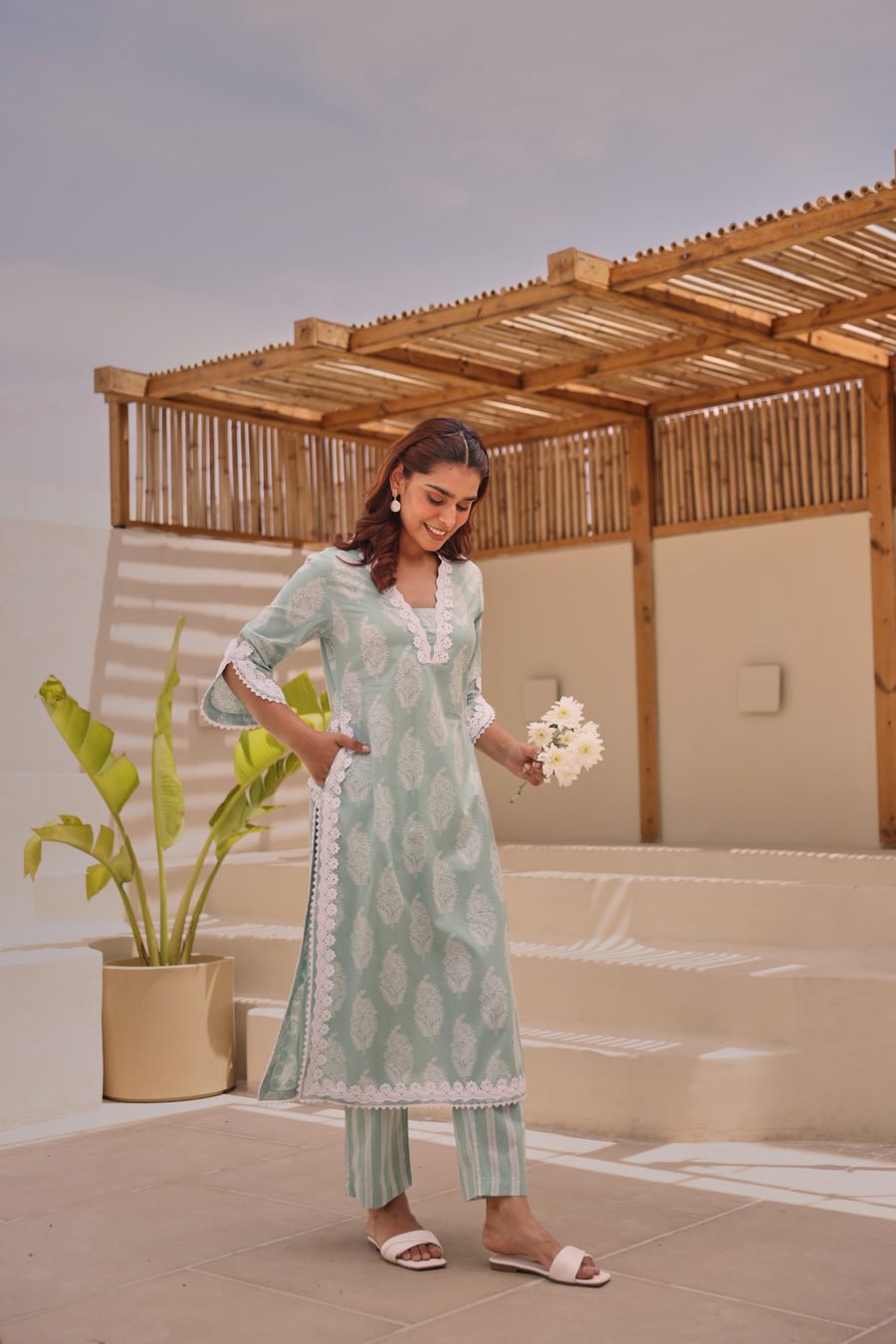 Mint Green Paisley Printed Cotton Kurta Pant Set With Lace Detail