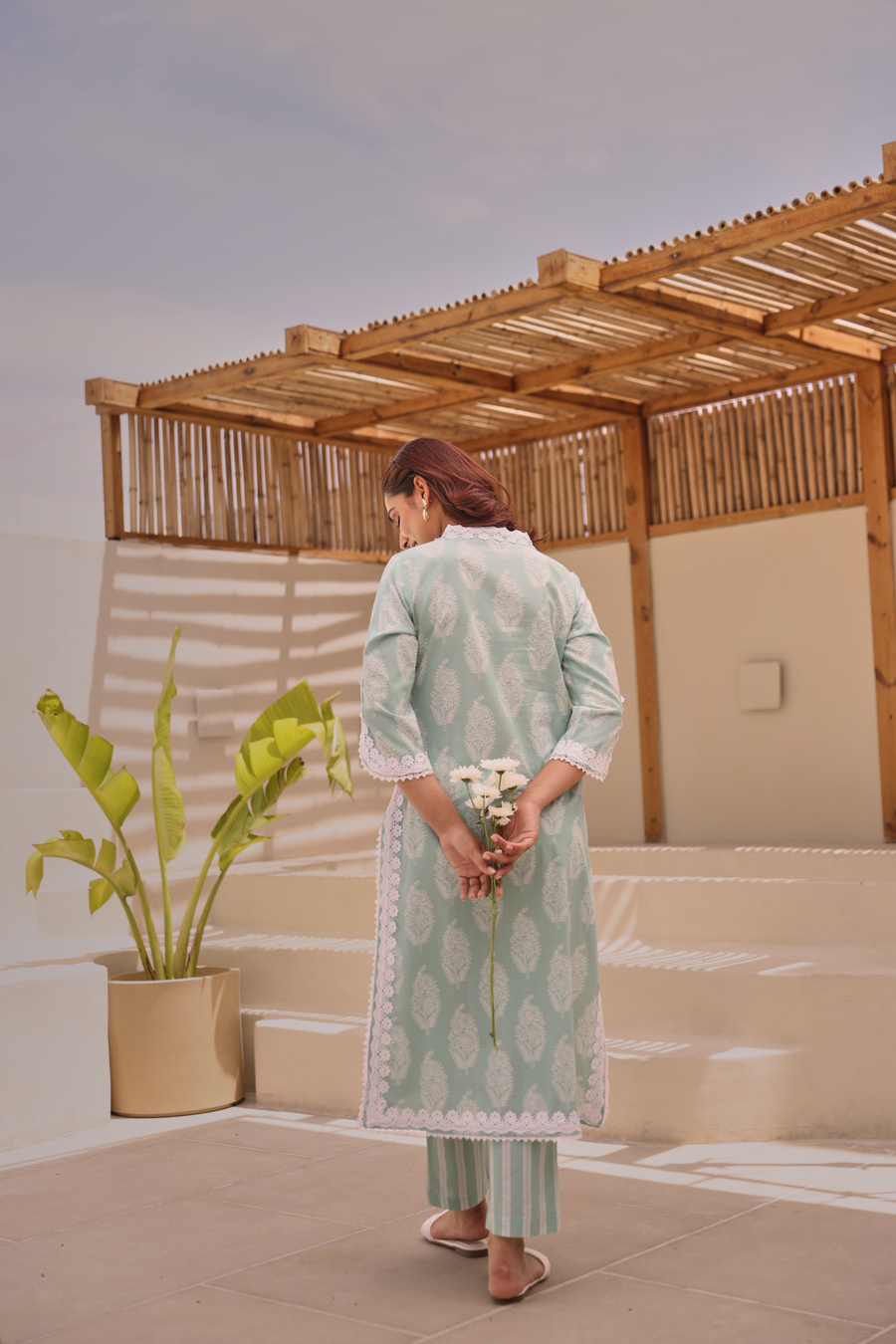 Mint Green Paisley Printed Cotton Kurta Pant Set With Lace Detail