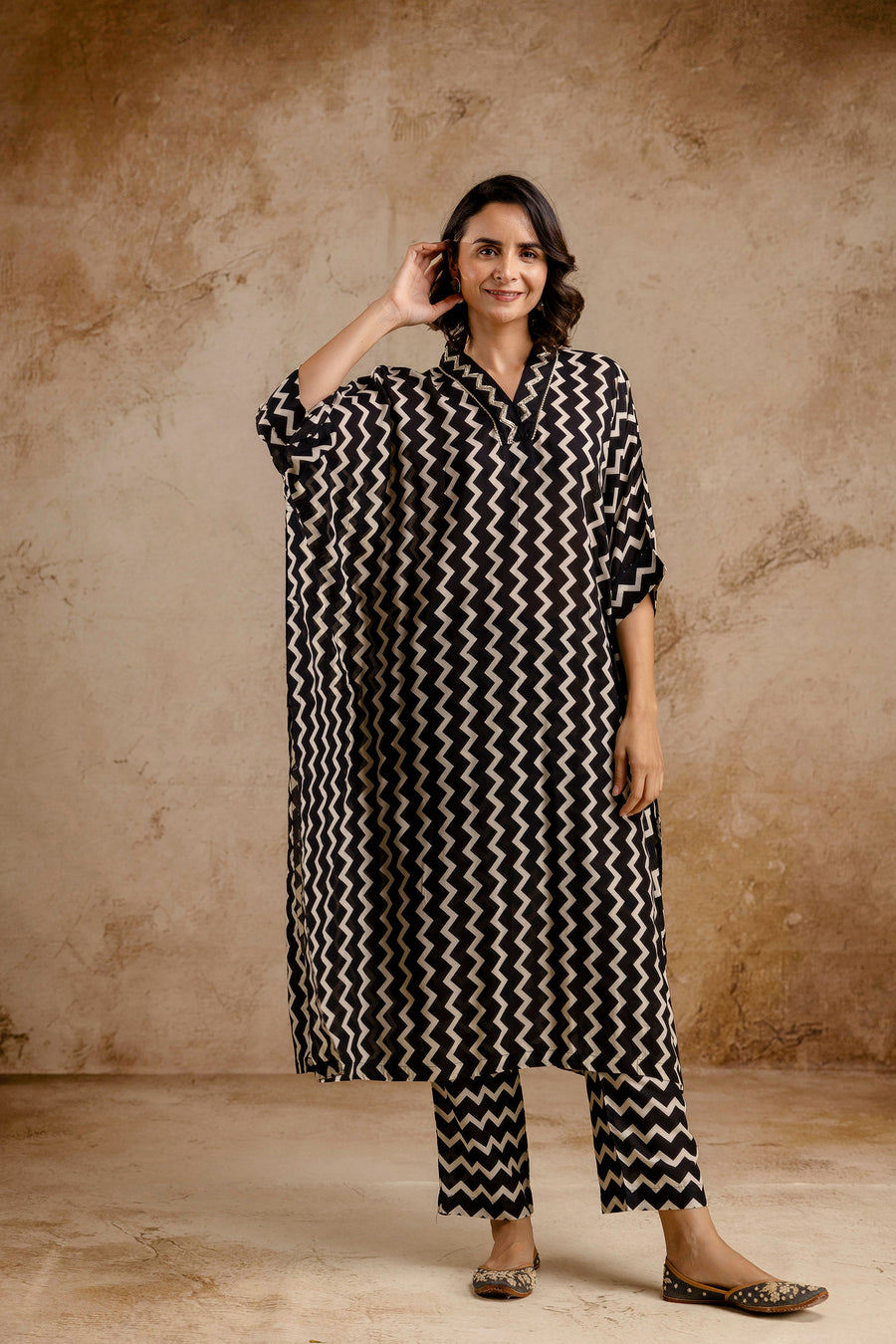 Monochromatic Printed Modal Co-Ord Set with Lace Work