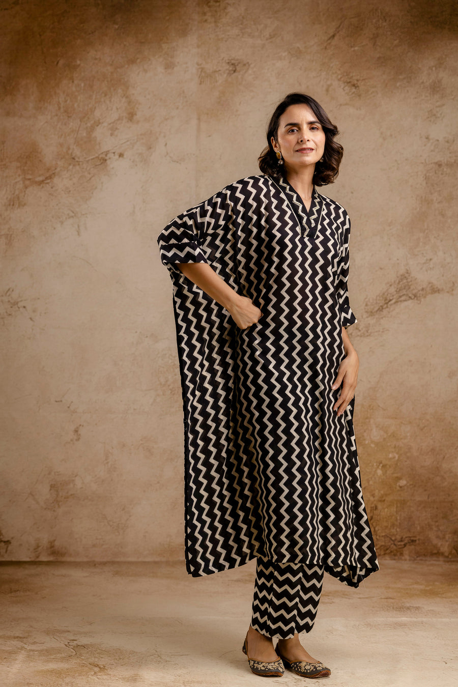 Monochromatic Printed Modal Co-Ord Set with Lace Work
