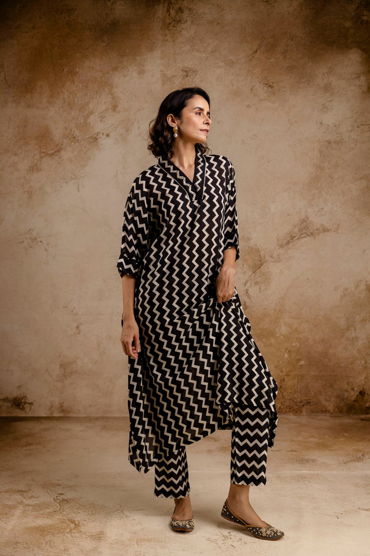 Monochromatic Printed Modal Co-Ord Set with Lace Work