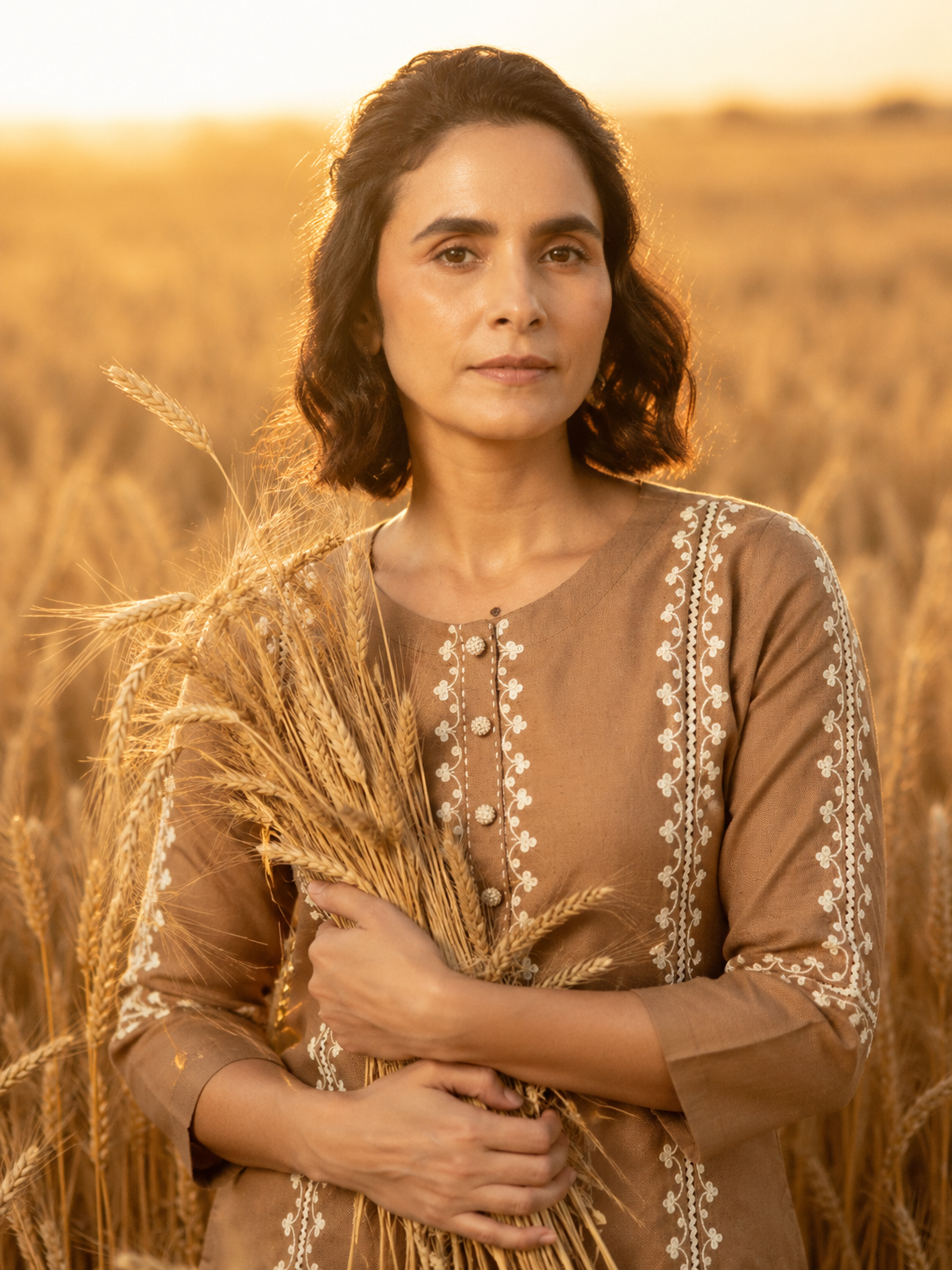 Brown Linen Embroidered Kurta Pant Set