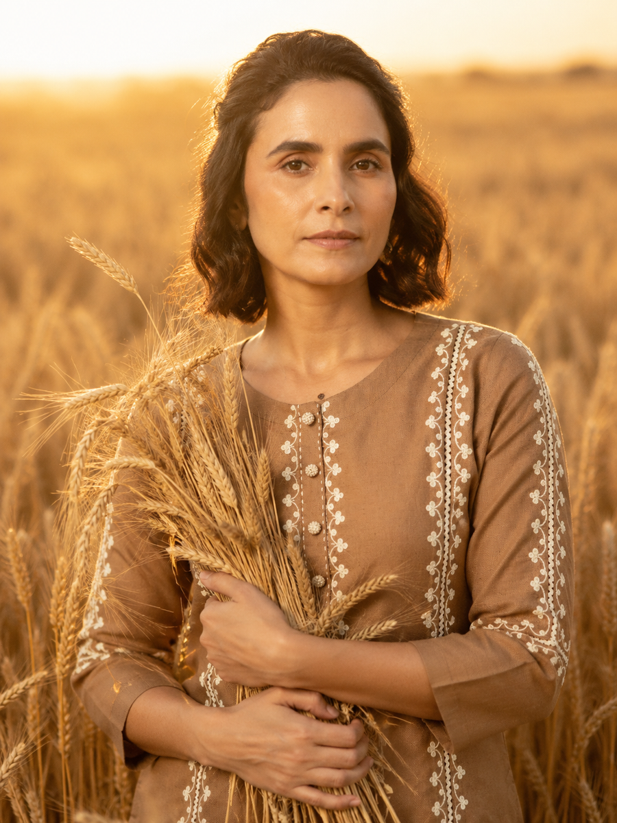 Brown Linen Embroidered Kurta Pant Set
