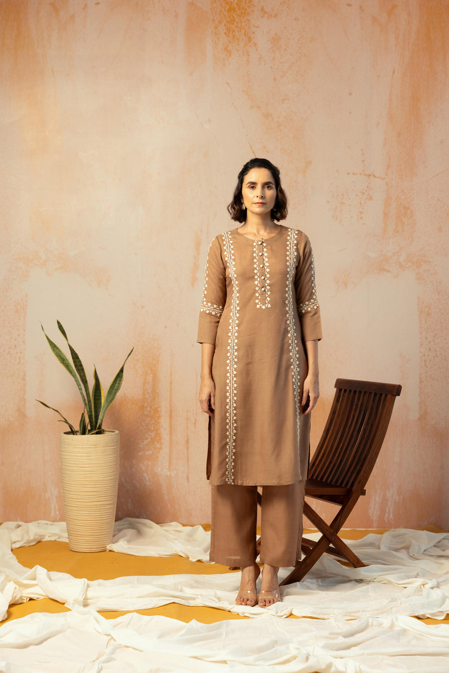 Brown Linen Embroidered Kurta Pant Set