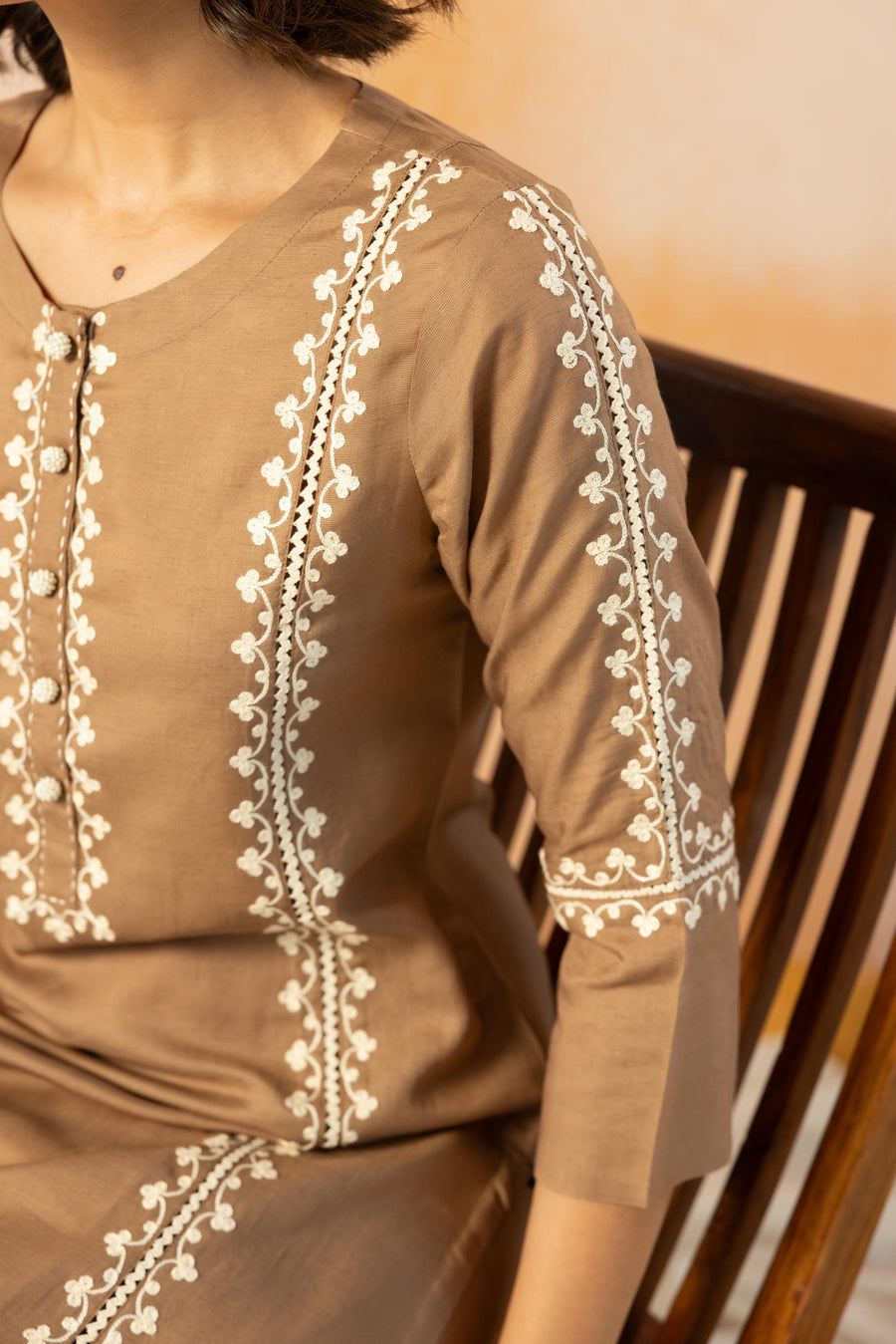 Brown Linen Embroidered Kurta Pant Set