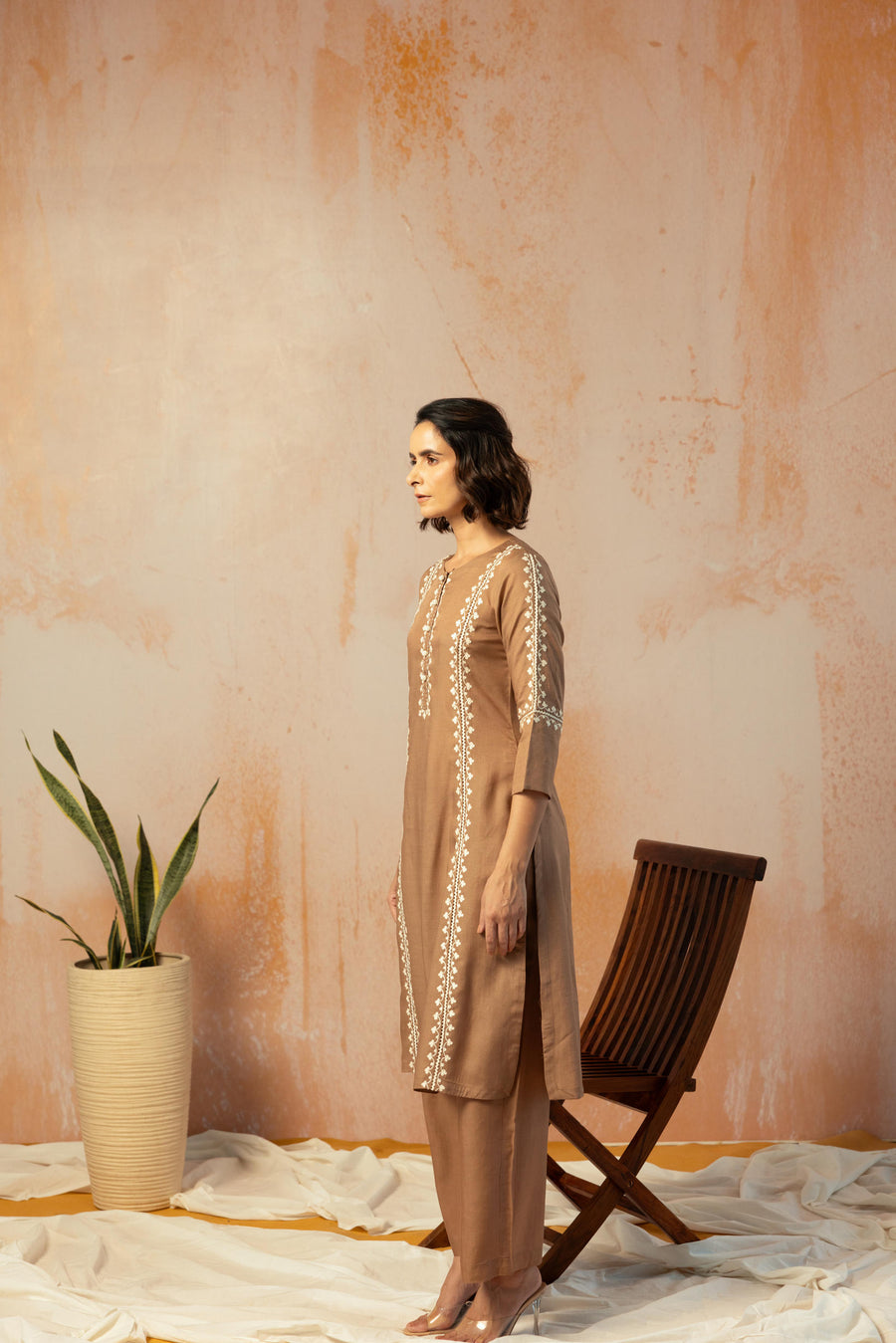 Brown Linen Embroidered Kurta Pant Set