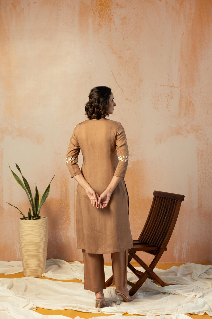 Brown Linen Embroidered Kurta Pant Set