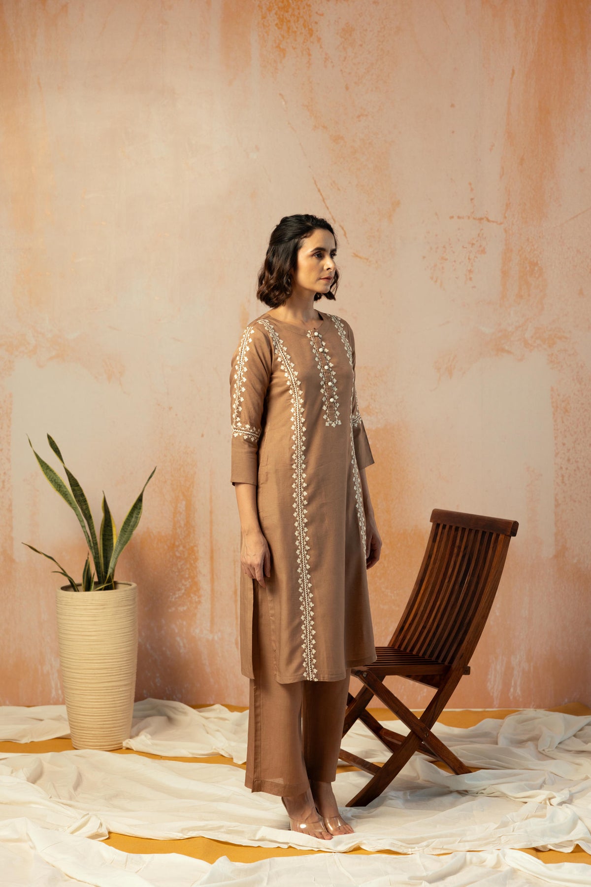 Brown Linen Embroidered Kurta Pant Set