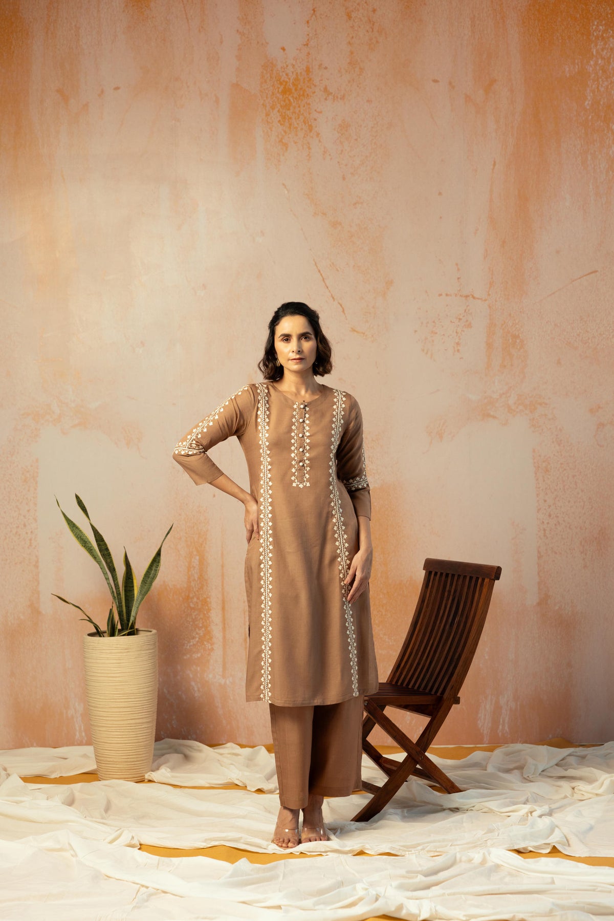 Brown Linen Embroidered Kurta Pant Set
