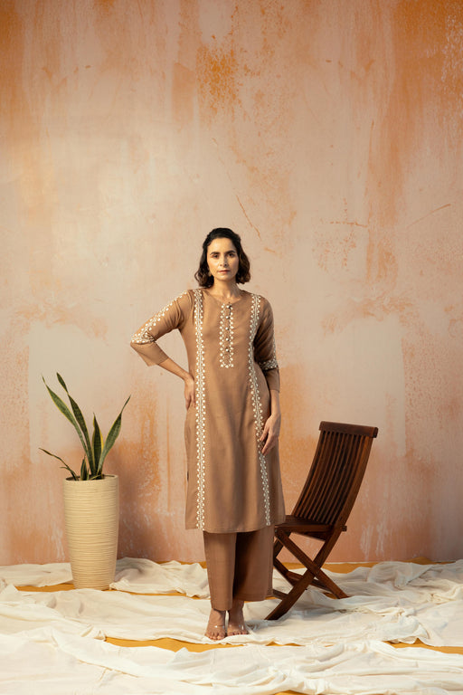 Brown Linen Embroidered Kurta Pant Set