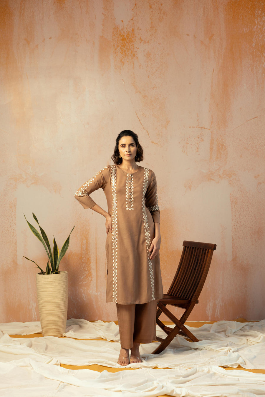 Brown Linen Embroidered Kurta Pant Set