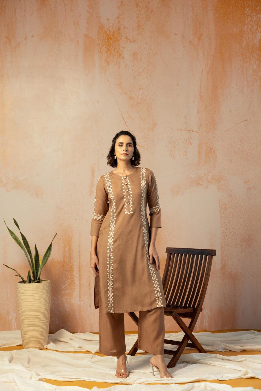 Brown Linen Embroidered Kurta Pant Set