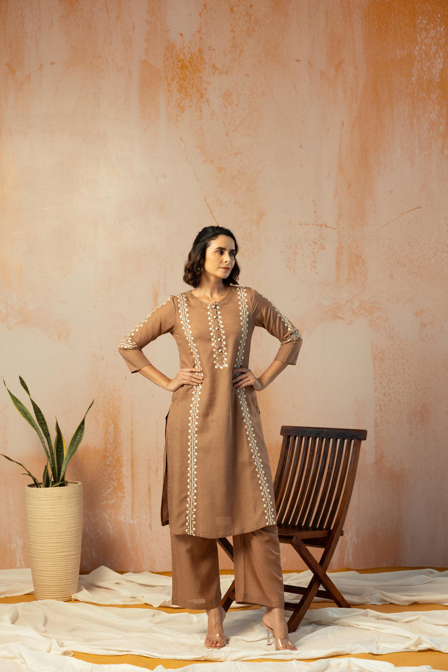 Brown Linen Embroidered Kurta Pant Set