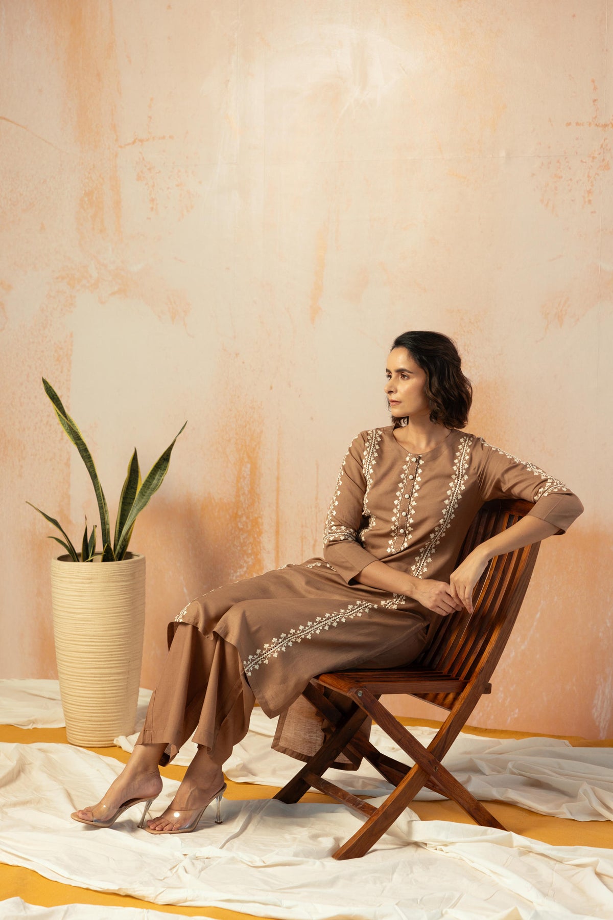 Brown Linen Embroidered Kurta Pant Set