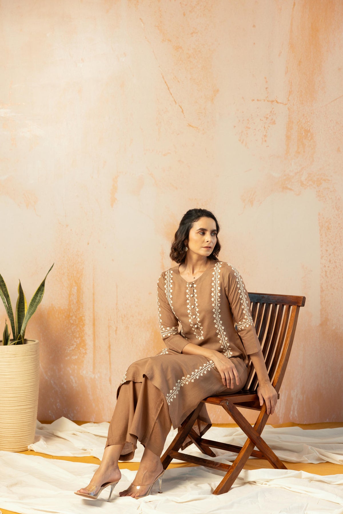 Brown Linen Embroidered Kurta Pant Set