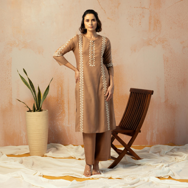 Brown Linen Embroidered Kurta Pant Set