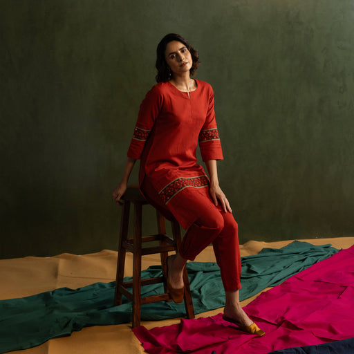 Red Cotton Linen Embroidered Co-Ord Set