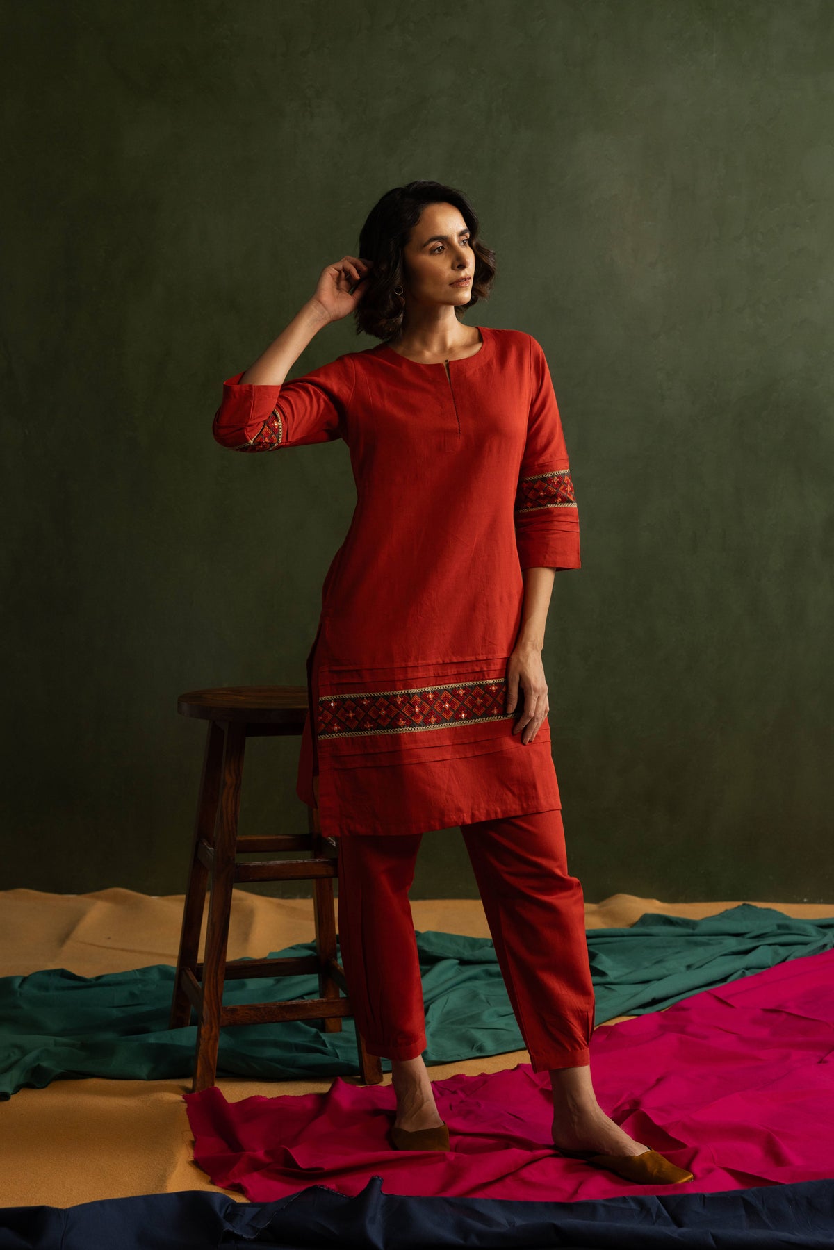 Red Cotton Linen Embroidered Co-Ord Set