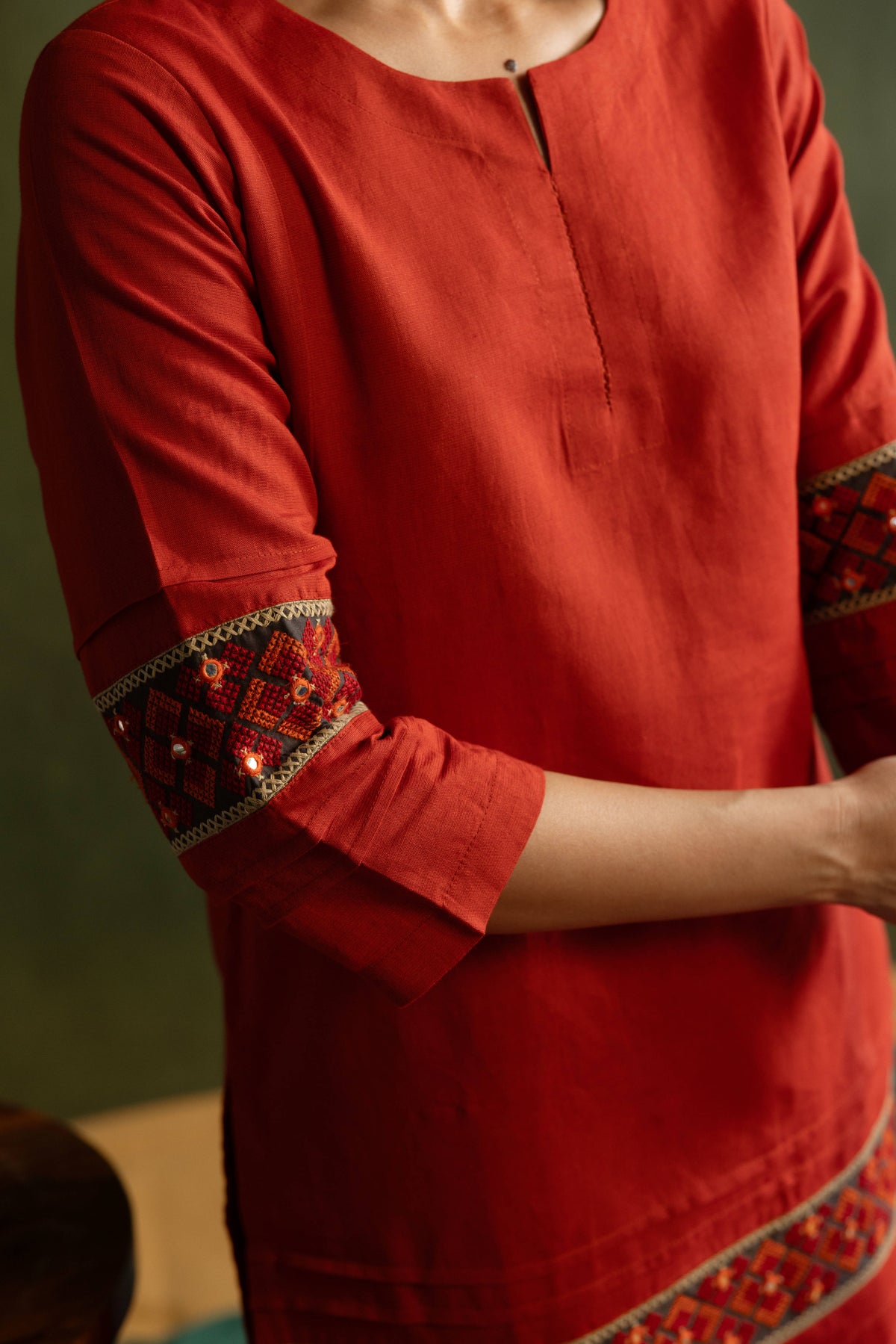 Red Cotton Linen Embroidered Co-Ord Set