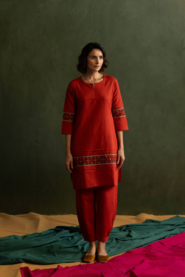 Red Cotton Linen Embroidered Co-Ord Set