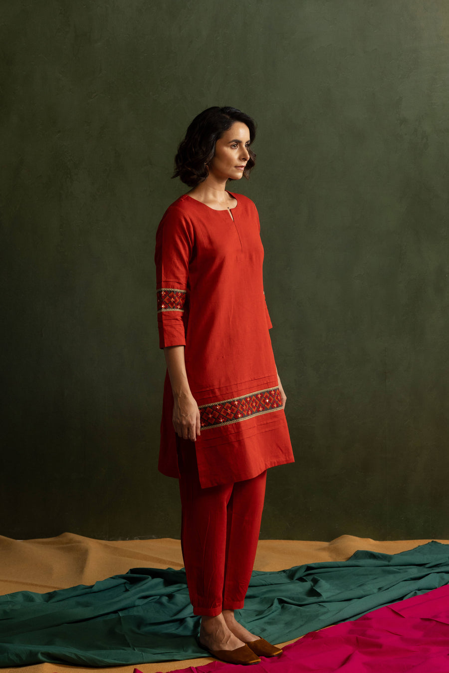 Red Cotton Linen Embroidered Co-Ord Set