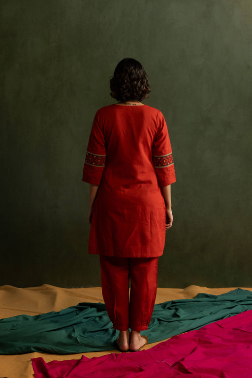 Red Cotton Linen Embroidered Co-Ord Set