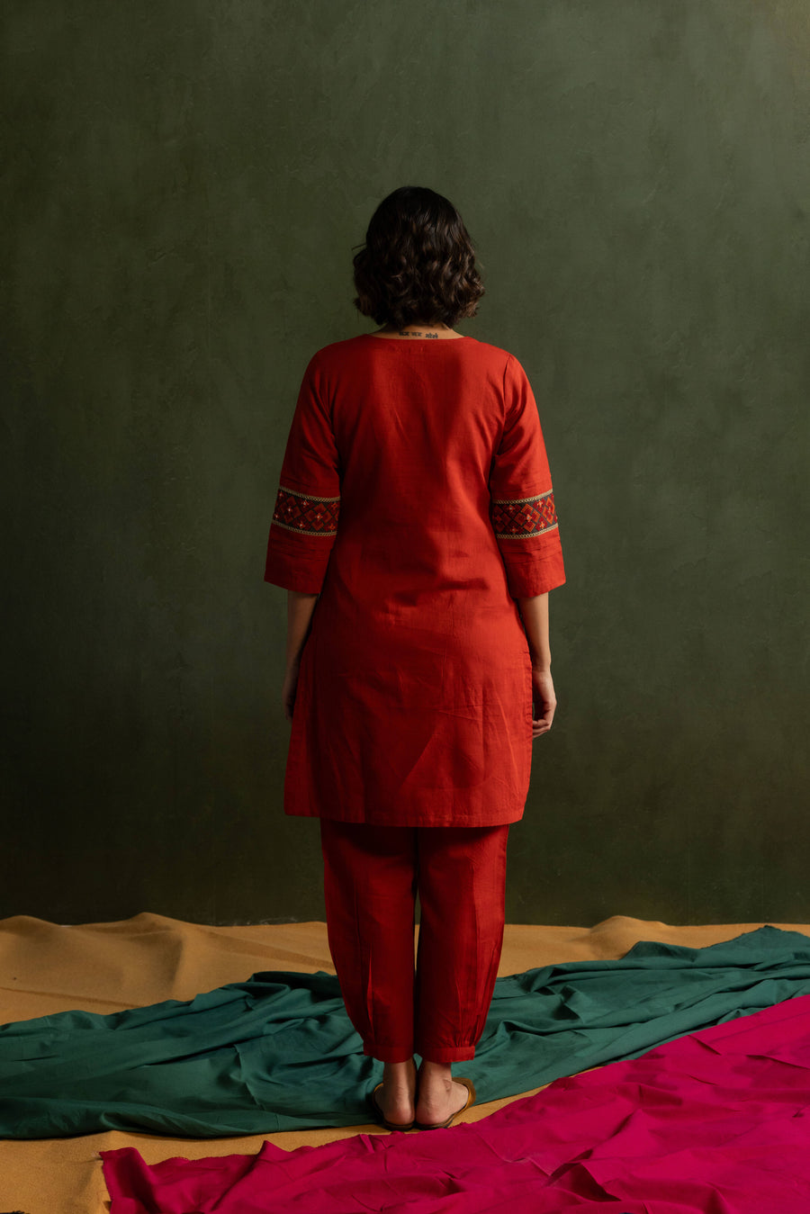 Red Cotton Linen Embroidered Co-Ord Set