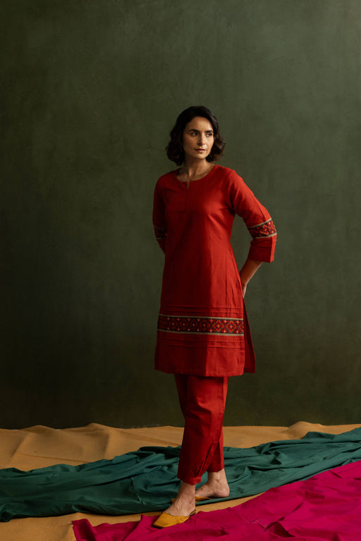 Red Cotton Linen Embroidered Co-Ord Set