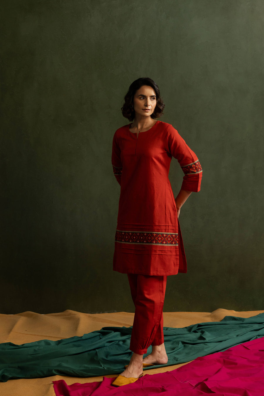 Red Cotton Linen Embroidered Co-Ord Set