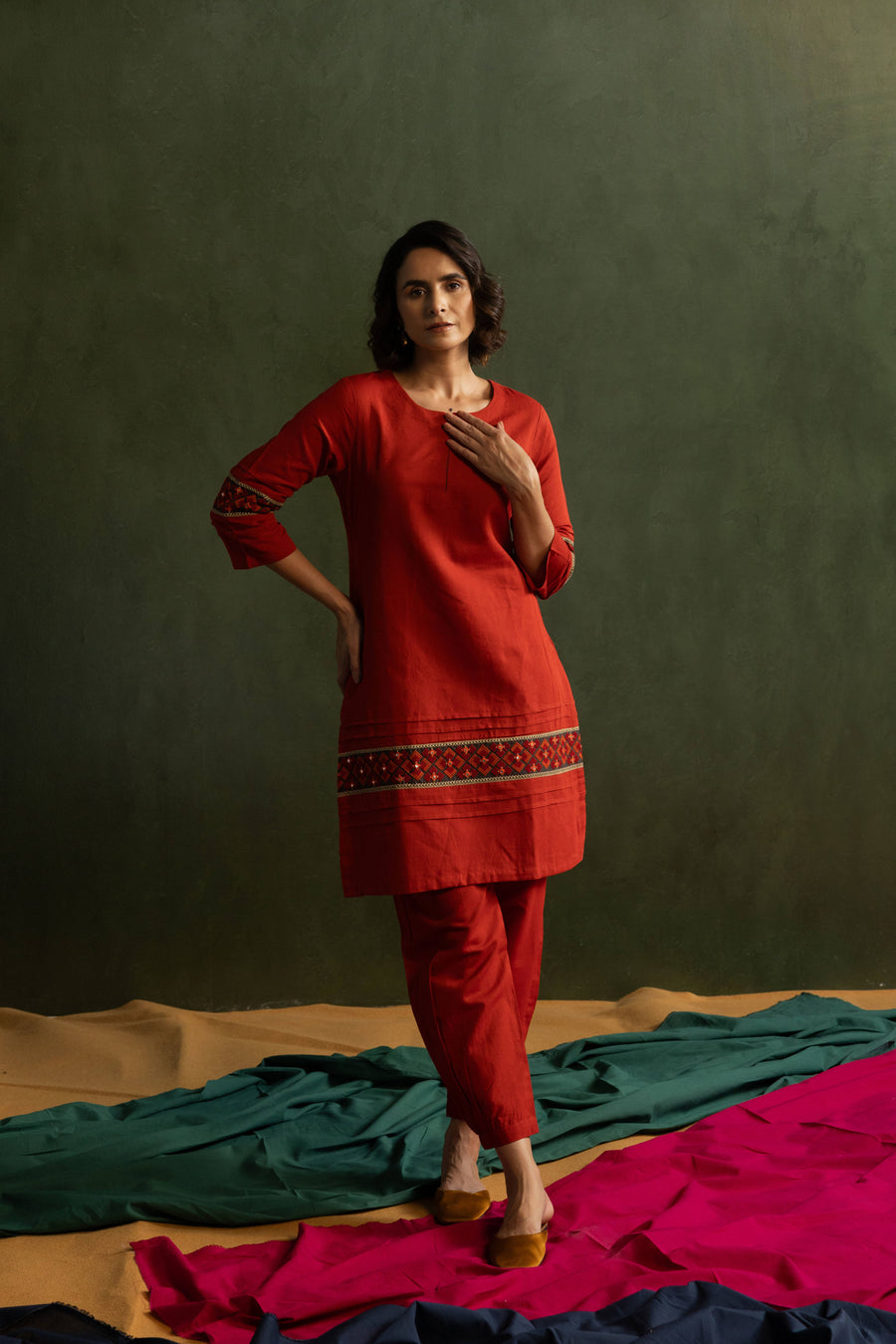 Red Cotton Linen Embroidered Co-Ord Set