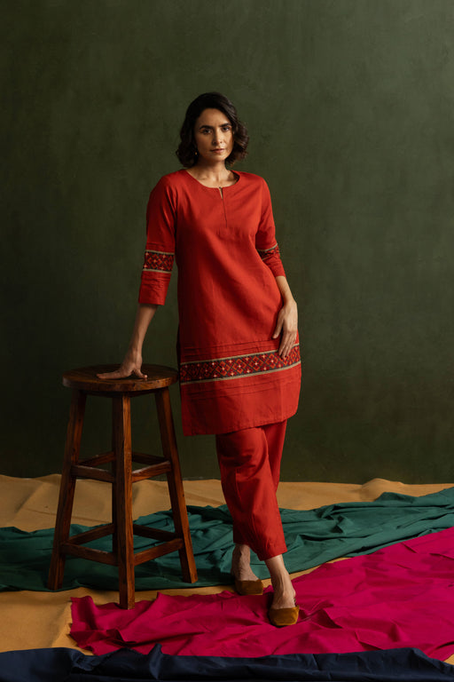 Red Cotton Linen Embroidered Co-Ord Set