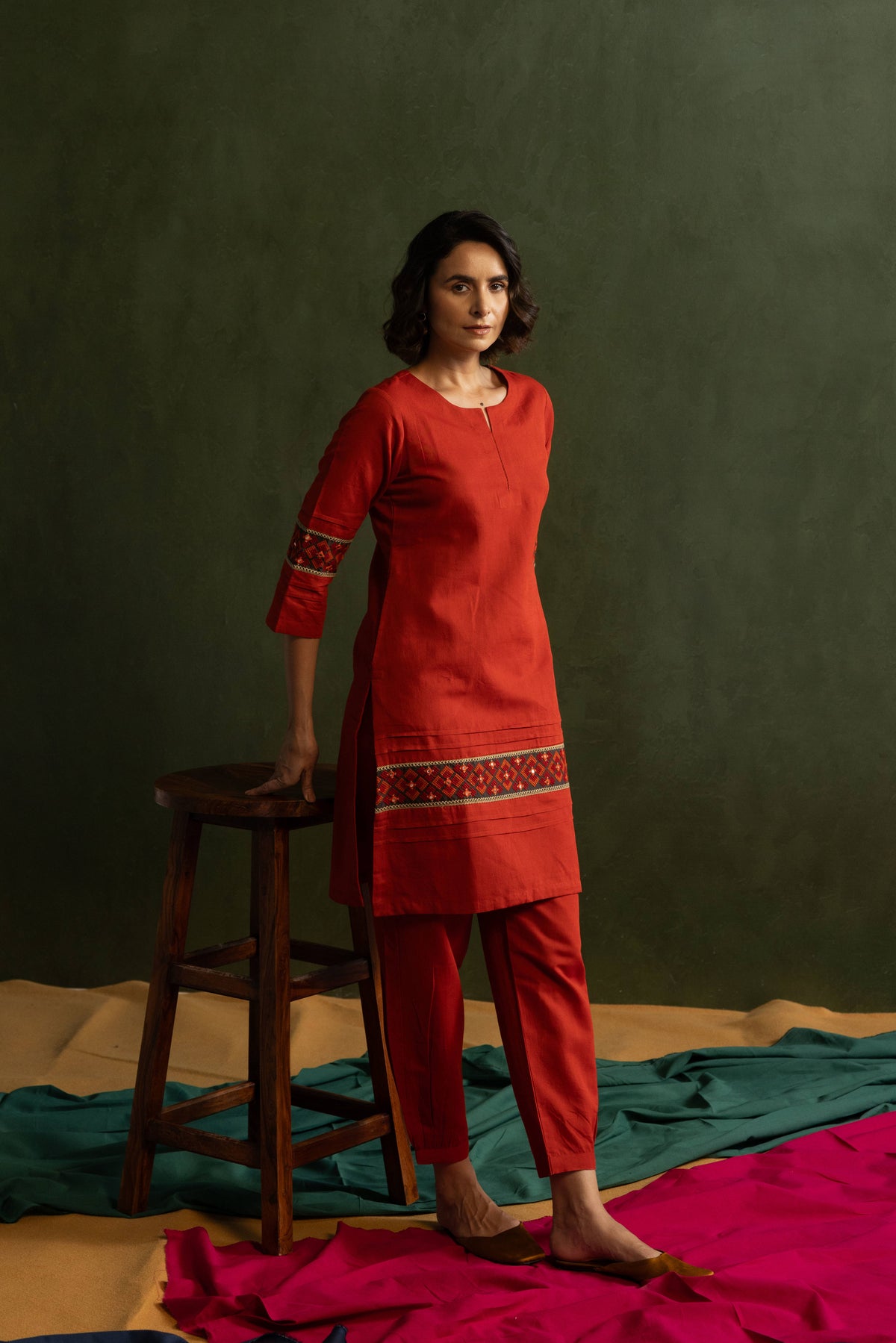 Red Cotton Linen Embroidered Co-Ord Set