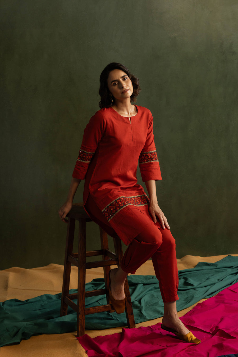 Red Cotton Linen Embroidered Co-Ord Set