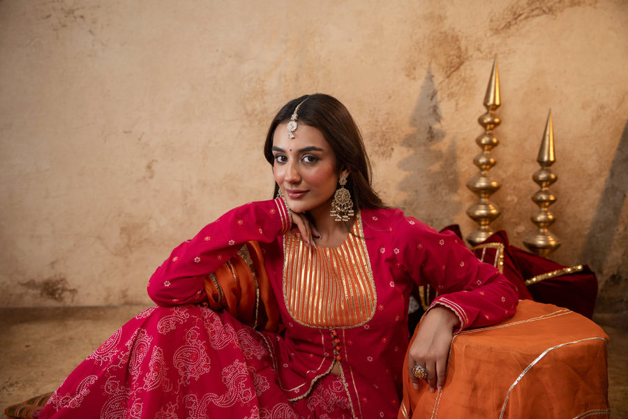 Rani Cotton Skirt Set with Heavy Gota Work & Organza Dupatta