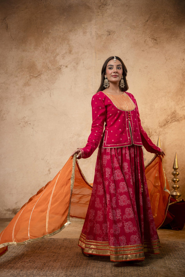 Rani Cotton Skirt Set with Heavy Gota Work & Organza Dupatta
