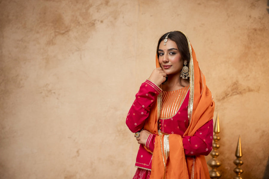 Rani Cotton Skirt Set with Heavy Gota Work & Organza Dupatta