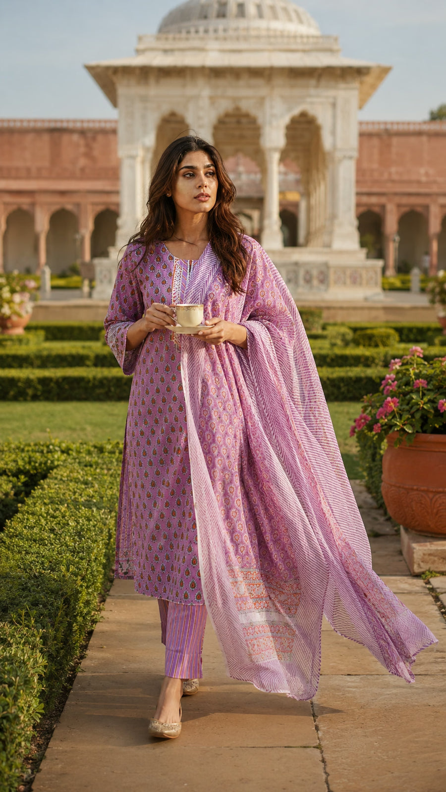 Pink cotton suit set with Kota Doria dupatta - detail shot - EKOHUM