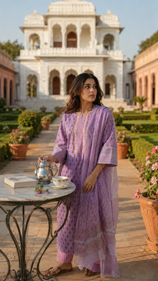 Pink cotton suit set with Kota Doria dupatta - back view - EKOHUM