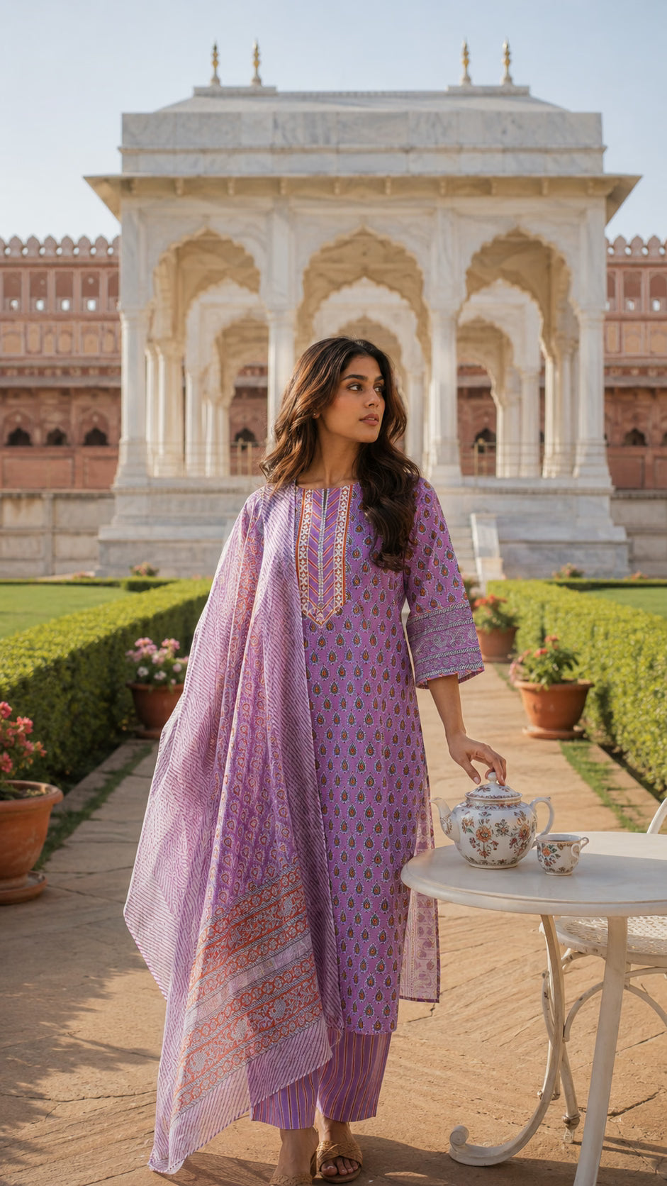 Pink cotton suit set with Kota Doria dupatta - styled look - EKOHUM